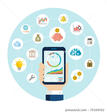 Robo-advisor (mobile investment) concept circular banner illustration 79169562