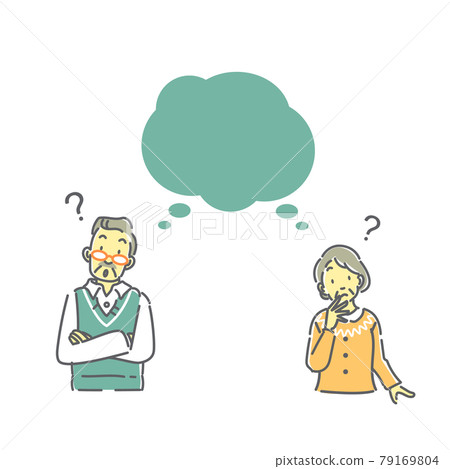 Line drawing illustration of a senior couple thinking 79169804