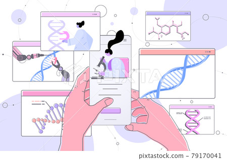 scientists analyzing DNA structure in web browser window researchers making experiment in online lab DNA testing scientists analyzing DNA structure in web browser window researchers making experiment in online lab DNA testing 79170041