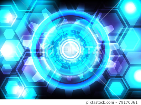 Blue light neon. Abstract gear and hexagon digital hi-tech background. Futuristic interface. Virtual reality technology screen Blue light neon. Abstract gear and hexagon digital hi-tech background. Futuristic interface. Virtual reality technology screen 79170361