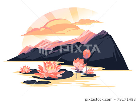 Sunset landscape over a mountain lake with blooming lotuses. Pink and purple colorful flat illustration Sunset landscape over a mountain lake with blooming lotuses. Pink and purple colorful flat illustration 79171488