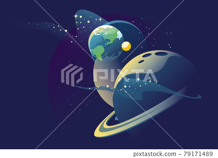 Planets in outer space with satellites. Galaxy, cosmos, universe futuristic fantasy view background. Cartoon vector illustration Planets in outer space with satellites. Galaxy, cosmos, universe futuristic fantasy view background. Cartoon vector illustration 79171489