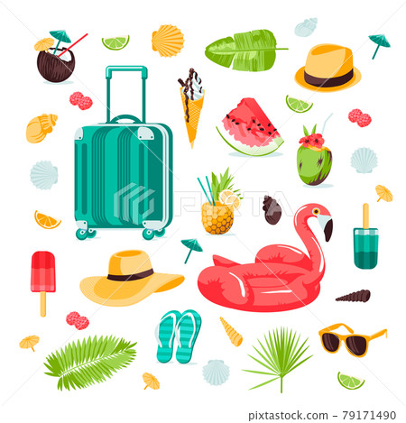 Summer seamless cute colorful objects set with flamingo, tropical leaves, suitcase, shells, beach hat, flip flop, sunglasses, tropical cocktails, berries, on white background. Vector illustration Summer seamless cute colorful objects set with flamingo, tropical leaves, suitcase, shells, beach hat, flip flop, sunglasses, tropical cocktails, berries, on white background. Vector illustration 79171490