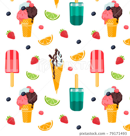Summer seamless cute colorful pattern with ice cream, citrus, berries  on white background. Vector illustration 79171493