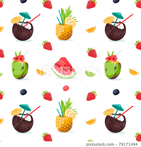 Summer seamless cute colorful pattern with tropick cocktails, pineapple, watermelon, berry, strawberry, citrus, cocos on white background. Vector illustration 79171494