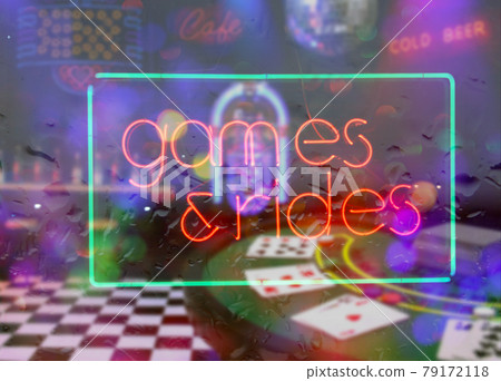 Neon Rainy Window Blur Image, Games and Rides Sign 79172118