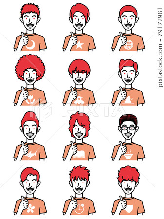 A thumbs-up man with various hairstyles. 79172981