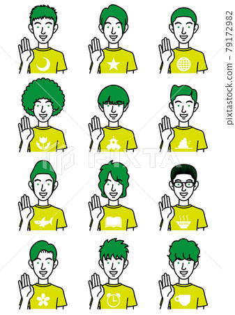 A greeting man with various hairstyles. 79172982
