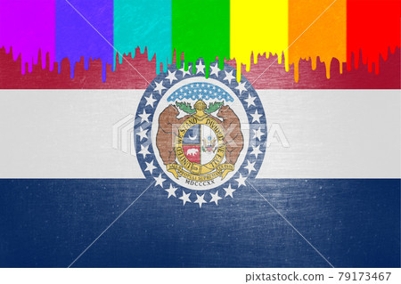 Paint (rainbow flag) is dripping over the state flag of Missouri 79173467