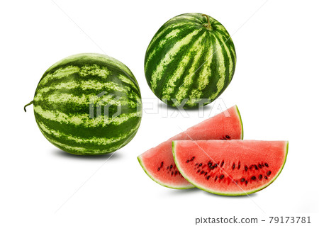 Green, striped watermelon isolated on white with copy space for text, images. Cross-section. Berry with pink flesh, black seeds. Side view. Close-up. Green, striped watermelon isolated on white with copy space for text, images. Cross-section. Berry with pink flesh, black seeds. Side view. Close-up. 79173781