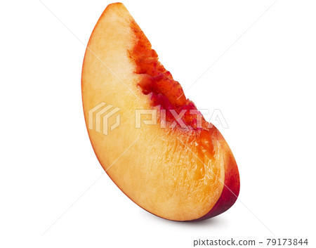 Unpitted, smooth-skinned nectarine fruit slice isolated on white background with copy space for text or images. Close-up shot. Unpitted, smooth-skinned nectarine fruit slice isolated on white background with copy space for text or images. Close-up shot. 79173844