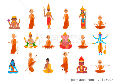 Buddhist Monks in Orange Robes Sitting in Meditation Set Vector Illustration 79173992