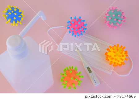 Image photograph of new corona prevention (mask, thermometer, alcohol disinfectant) and corona bacteria 79174669