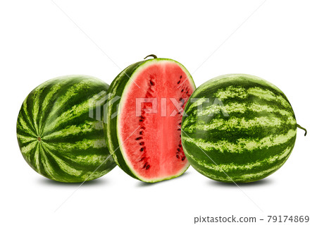 Two green, striped watermelons isolated on white with copy space for text, images. Cross-section. Berry with pink flesh, black seeds. Close-up. Two green, striped watermelons isolated on white with copy space for text, images. Cross-section. Berry with pink flesh, black seeds. Close-up. 79174869