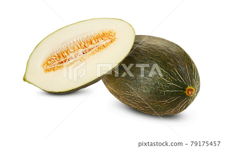 Delicious green tendral melon in cross-section, isolated on white background with copy space for text or images. Side view. Close-up shot. 79175457