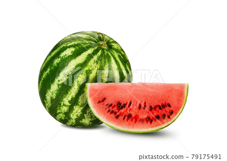 Green, striped watermelon with slice isolated on white, copy space for text, images. Cross-section. Berry with pink flesh, black seeds. Close-up. 79175491