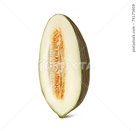 Half of delicious green tendral melon in cross-section, isolated on white background with copy space for text or images. Side view. Close-up shot. 79175609