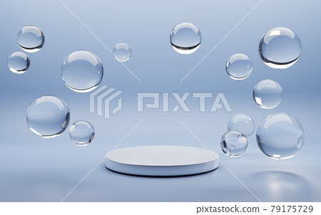 White round podium with air bubbles on blue water surface. Mock up empty geometric stage, platform with soap spheres or water drops for product ad presentation cosmetics. Realistic 3d illustration 79175729