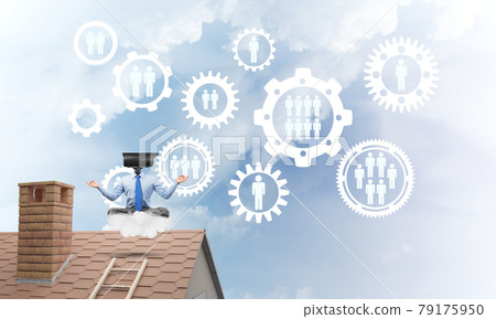 Concept of security and privacy protection with camera headed man meditating Concept of security and privacy protection with camera headed man meditating 79175950