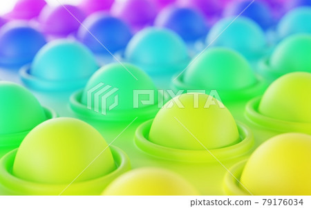 Bubble colorful geometric background. Anti-stress toy pop it. Simple dimple push sensory fidget, point fingers in round. Game for fine motor skills of children, stress relief balls, 3d illustration Bubble colorful geometric background. Anti-stress toy pop it. Simple dimple push sensory fidget, point fingers in round. Game for fine motor skills of children, stress relief balls, 3d illustration 79176034