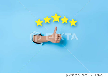 Customer Experience Woman hand thumb up vote on five star excellent rating on blue background. Review and feedback concept. 79176268