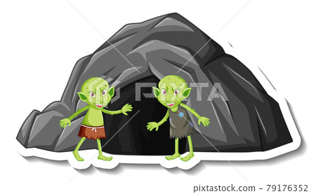 A sticker template with a green goblin or troll cartoon character and stone cave A sticker template with a green goblin or troll cartoon character and stone cave 79176352