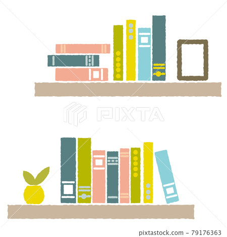 Many books lined up on the shelves and cute color scheme Many books lined up on the shelves and cute color scheme 79176363