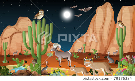 Desert forest landscape at night scene with wild animals Desert forest landscape at night scene with wild animals 79176384