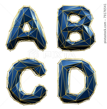 Realistic 3D set of letters A, B, C, D made of low poly style. Collection symbols of low poly style blue color glass isolated on white background 3d 79176541