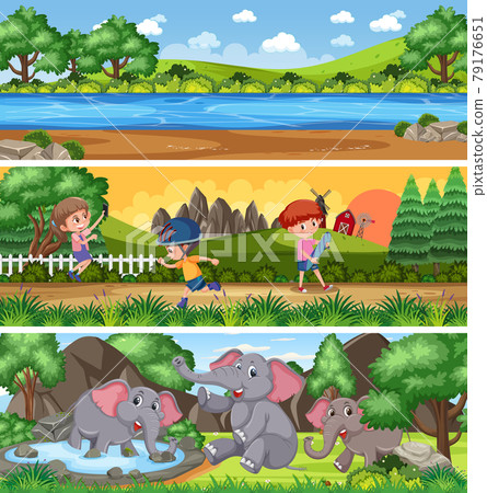 Different nature landscape scene set with cartoon character 79176651