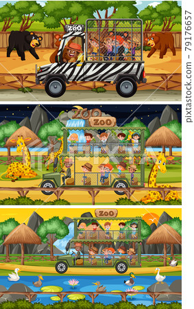 Set of different safari horizontal scenes with animals and kids cartoon character 79176657
