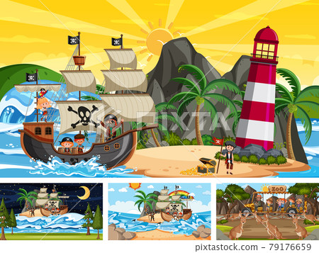 Set of different scenes with pirate ship at the sea and animals in the zoo Set of different scenes with pirate ship at the sea and animals in the zoo 79176659