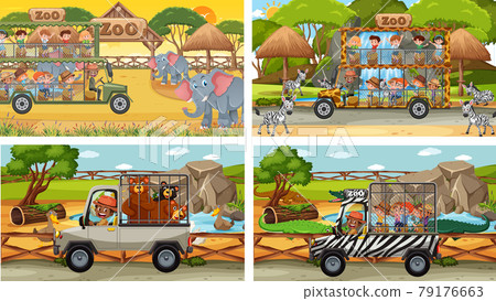 Set of different safari scenes with animals and kids cartoon character Set of different safari scenes with animals and kids cartoon character 79176663