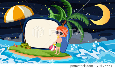 Kids on vacation at the beach night scene with an empty banner template. Kids on vacation at the beach night scene with an empty banner template. 79176664