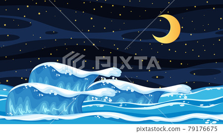 Beach landscape at night scene with ocean wave - Stock Illustration ...