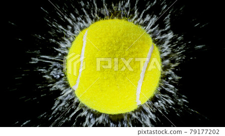 Freeze motion of falling tennis ball on water surface. 79177202
