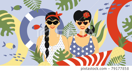 Stylish couple of people, two spectacular white girls in pin-up style swimsuits, trendy portraits with summer attributes, lifebuoy, towel, pineapple, plants. Vector flat illustration, summer time 79177858