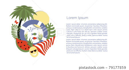 Summer composition  attributes - pineapple and watermelon, lifebuoy and palm tree. Vector Template with copy space for invitation, cards or banner and  poster, Landing Page 79177859