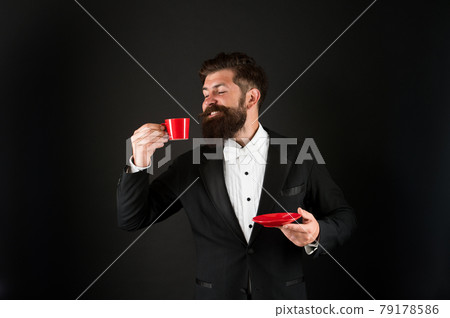 Joy of drinking coffee. Happy manager hold coffee cup. Joy of drinking coffee. Happy manager hold coffee cup. 79178586