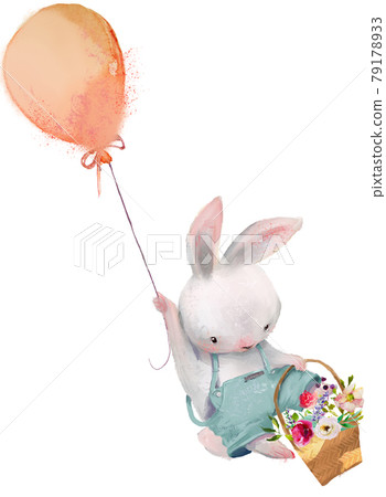 cute hare fly with balloon and floral basket cute hare fly with balloon and floral basket 79178933