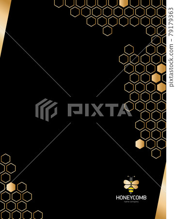 Vertical Modern black background with golden honeycomb. Geometric gold hexagons. 79179363