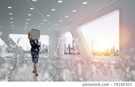 Business woman with an old TV instead of head. 79180303