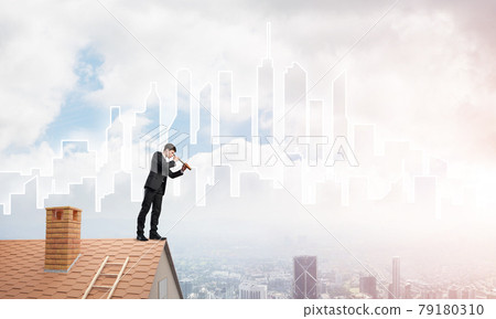 Engineer man standing on roof and looking in spyglass. Mixed media 79180310