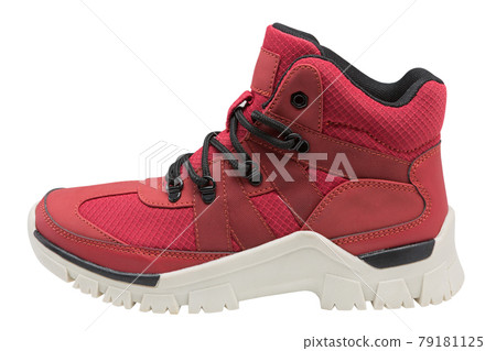red winter boot made of fabric and leather, on a white background 79181125