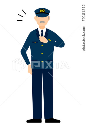 Senior male policeman poses, bangs chest Senior male policeman poses, bangs chest 79181212