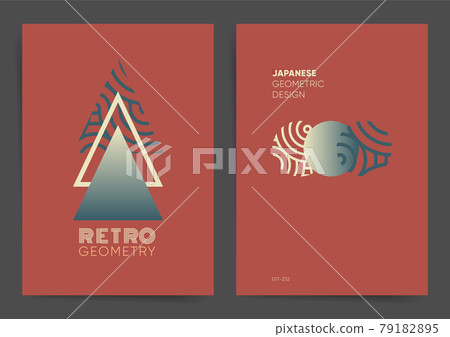 Retro Geometric Poster Design Template Set. Best for poster, web art, brochure, book cover. Creative red templates with geometric triangles and circles elements and abstract waves. Vector backdrop.  79182895