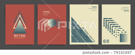 Geometric gradient poster design template set. Modern minimal design with circles, square, triangle and wavy lines in hi tech retro style. Vector backdrop for poster, brochure, cover identity, web art Geometric gradient poster design template set. Modern minimal design with circles, square, triangle and wavy lines in hi tech retro style. Vector backdrop for poster, brochure, cover identity, web art 79182897
