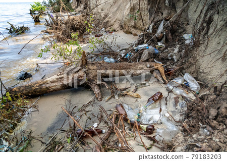 Ecology of Ukraine. Garbage on banks dnieper river or Kiev sea. Environmental pollution. Illegal garbage dump. World environmental pollution problem and issue with garbage. Environmental disaster 79183203