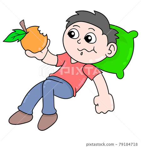 boy is sleeping while eating oranges, doodle icon image kawaii boy is sleeping while eating oranges, doodle icon image kawaii 79184718