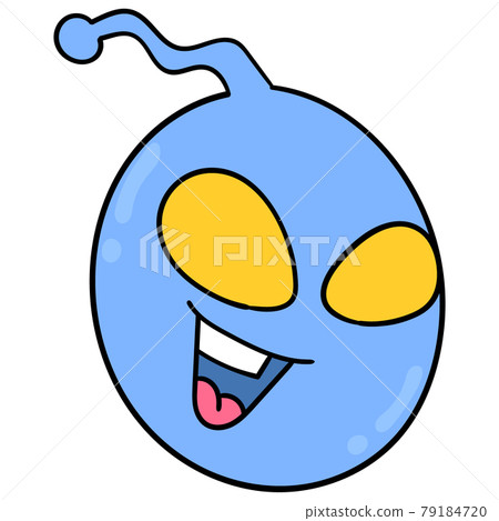 blue alien head with big yellow eyes laughing happily, doodle icon drawing 79184720
